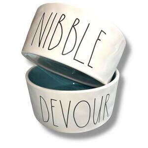 Rae Dunn Pet Dog Cat Dishes Food Bowls Nibble Devour Ceramic White Black Blue